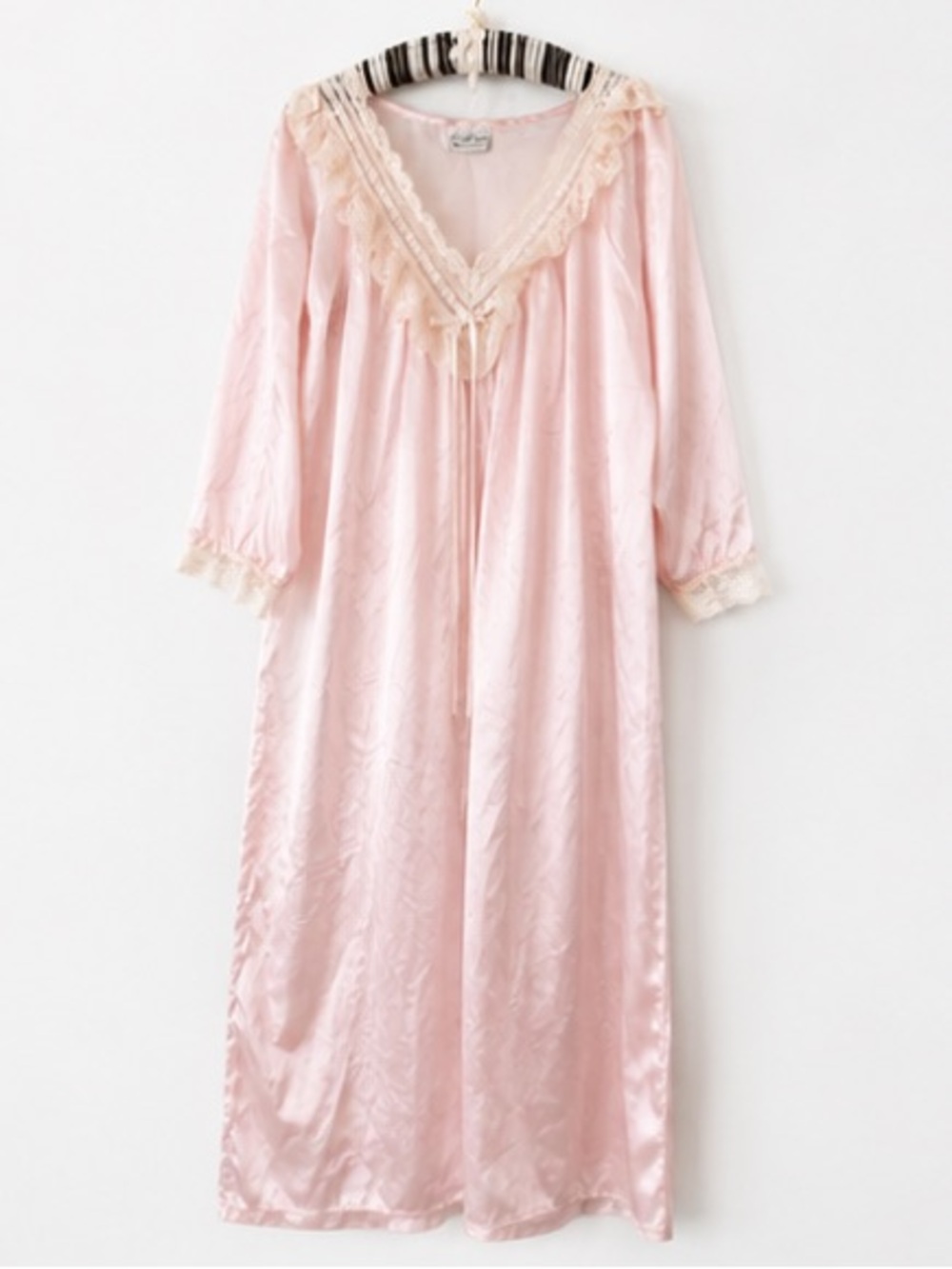 Vintage-Inspired Lace Trim Pink Satin Nightgown